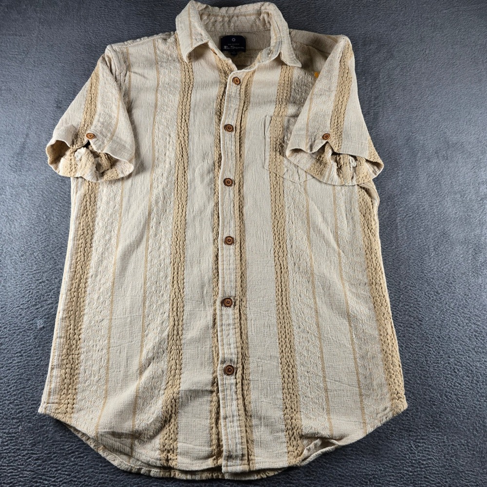 Ben Sherman Mens Small Beige Textured Vertical Stripe Short Sleeve Button Down